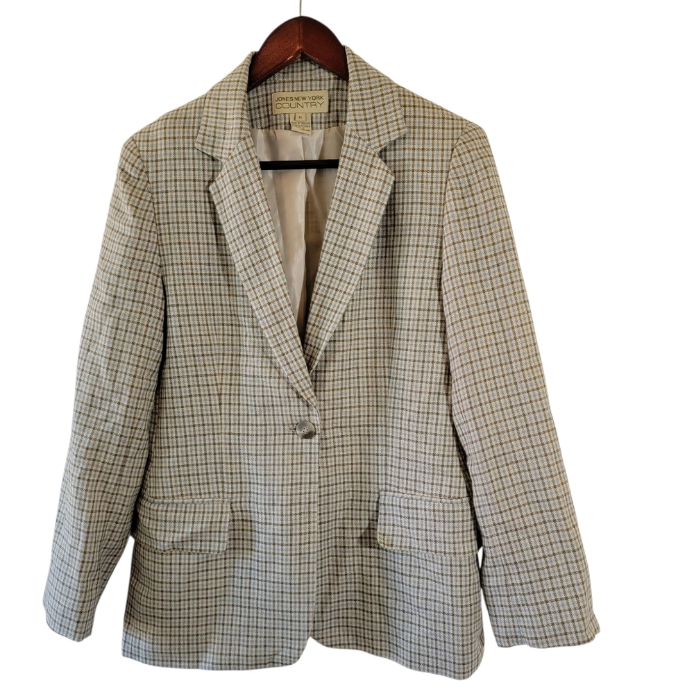 VTG JNY Country Beige Check Blazer Women’s Sz 6 Wool Silk Linen Single Breasted